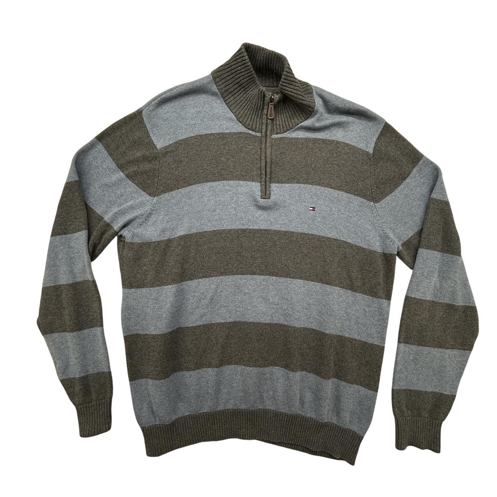 Tommy Hilfiger Sweater Mens XL 1/4 Zip Pullover Gray Blue Striped Logo Knit